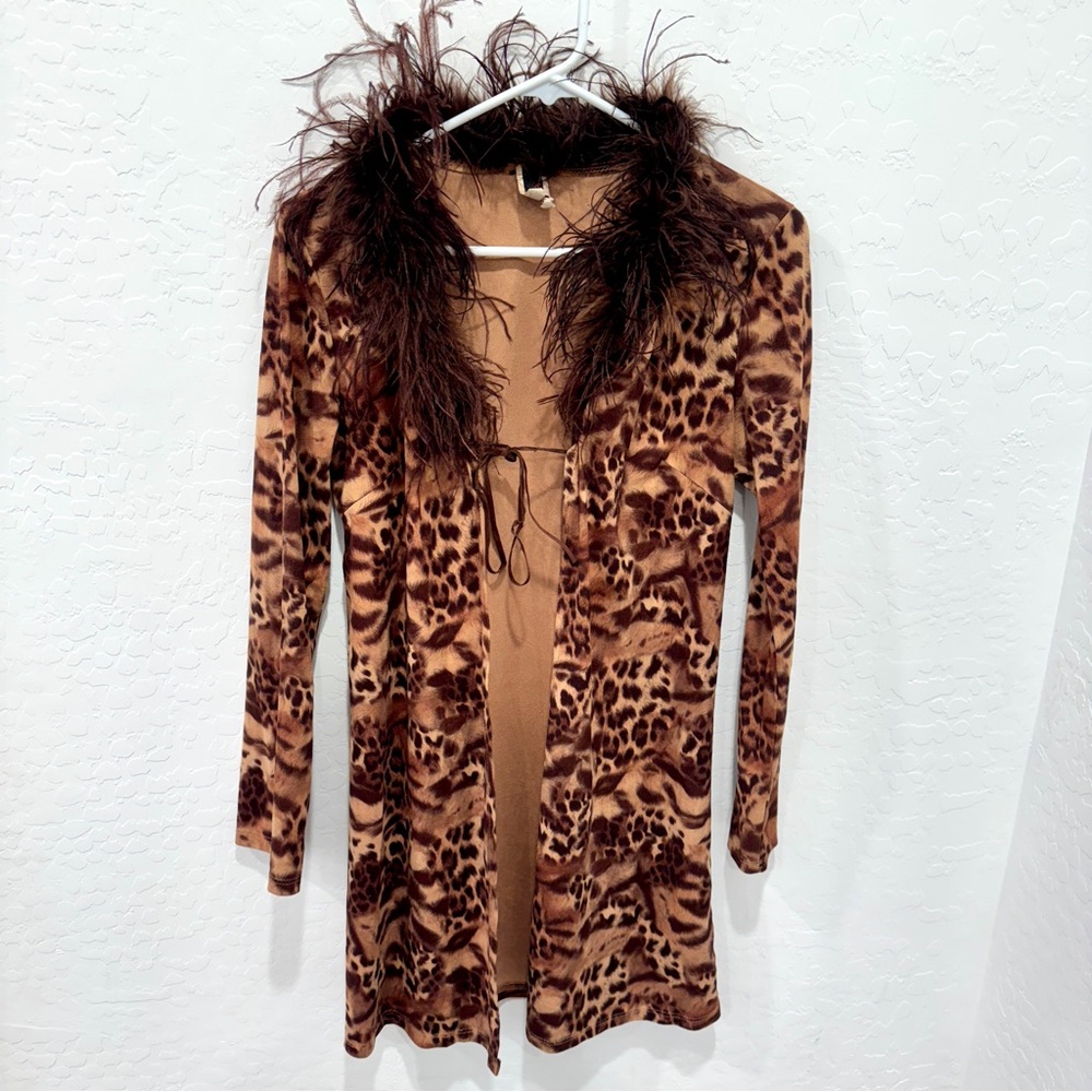 Y2K Bella Leopard Print Cardigan Faux Fur Collar Women’s Medium Mobwife Glam Vtg
